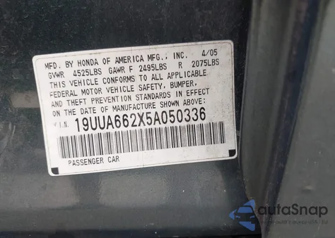 2005 Acura Tl из США, поврежденный, VIN 19UUA662X5A050336